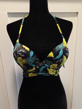 Victoria's Secret Black Floral Halter Bikini Top with Yellow & Teal Accents
